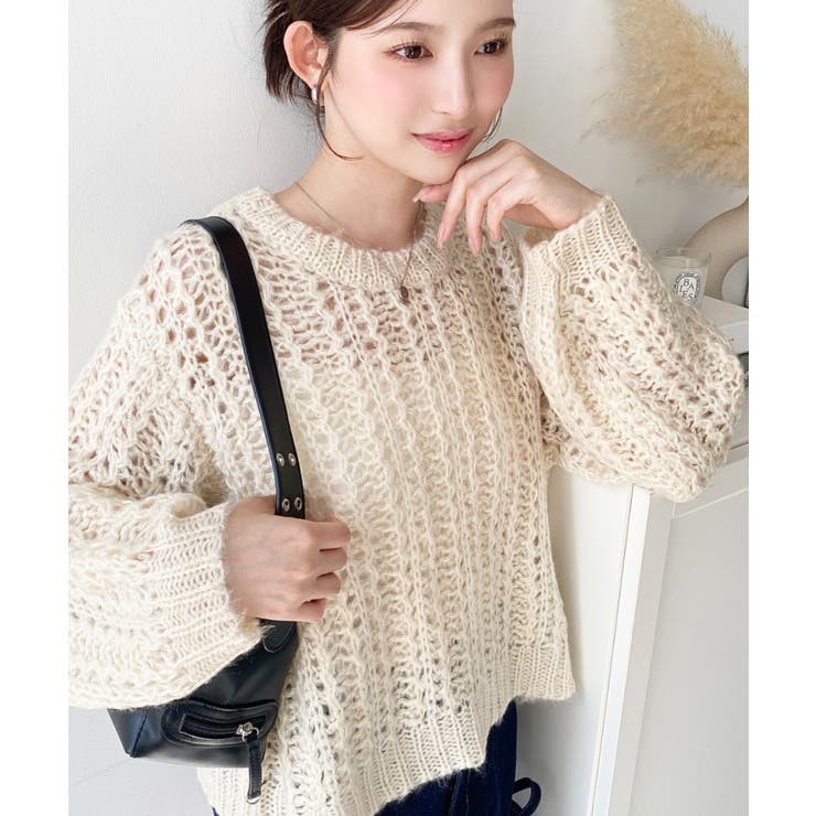 モヘアライク透かし編みショートニットプルオーバー | moment+ | 詳細画像2 