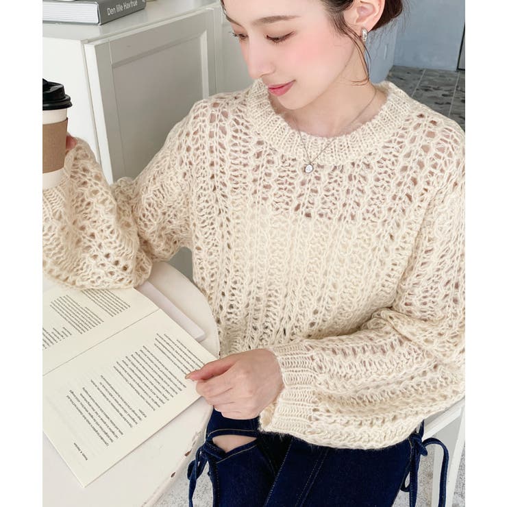 モヘアライク透かし編みショートニットプルオーバー | moment+ | 詳細画像4 