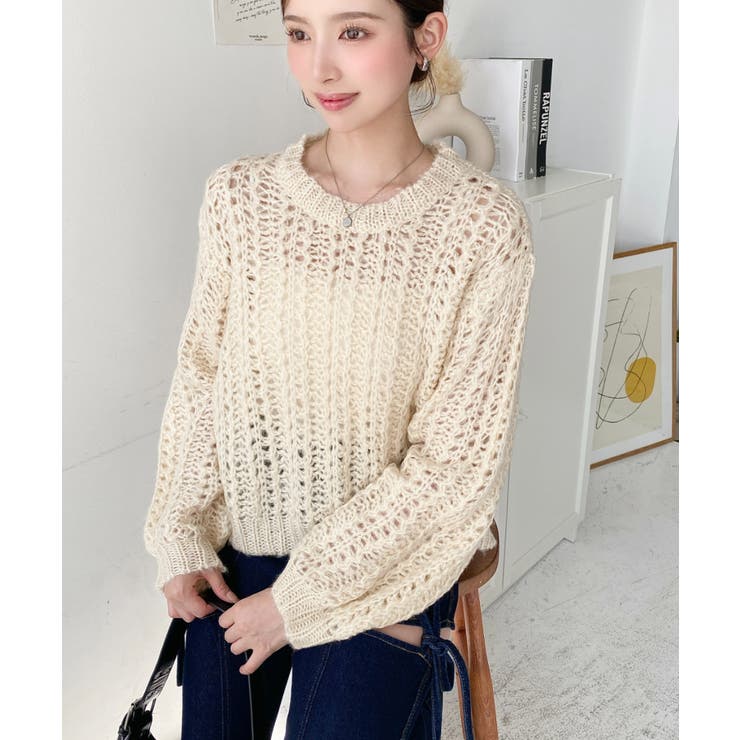 モヘアライク透かし編みショートニットプルオーバー | moment+ | 詳細画像5 