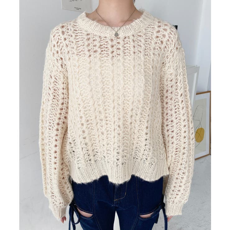 モヘアライク透かし編みショートニットプルオーバー | moment+ | 詳細画像7 