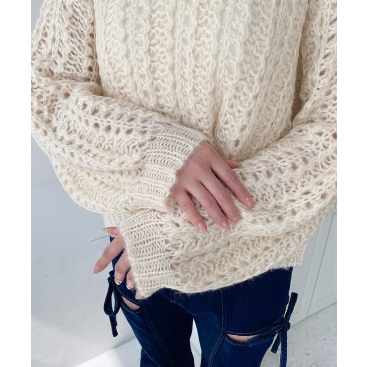 モヘアライク透かし編みショートニットプルオーバー | moment+ | 詳細画像9 