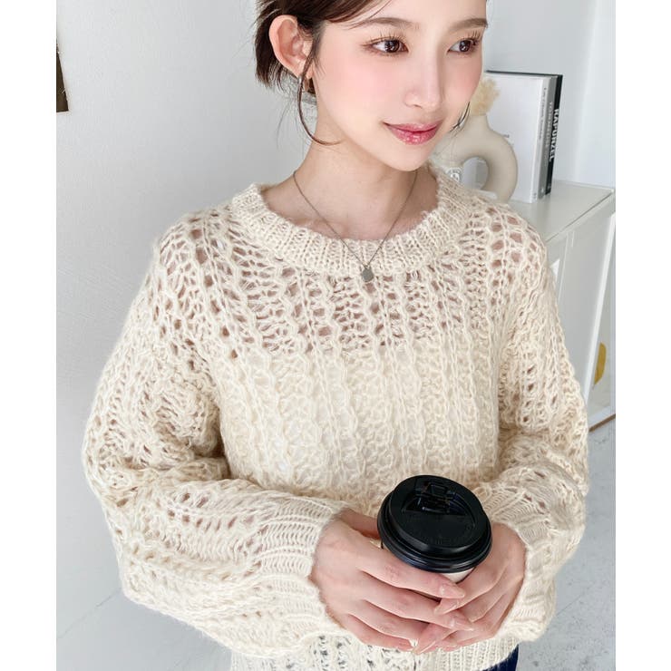 アイボリー | モヘアライク透かし編みショートニットプルオーバー | moment+