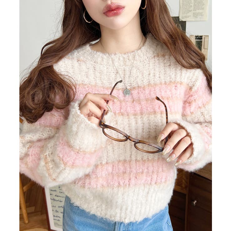 ベージュ | ループヤーンボーダーニットプルオーバー | moment+