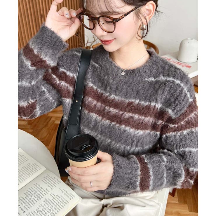 チャコールグレー | ループヤーンボーダーニットプルオーバー | moment+