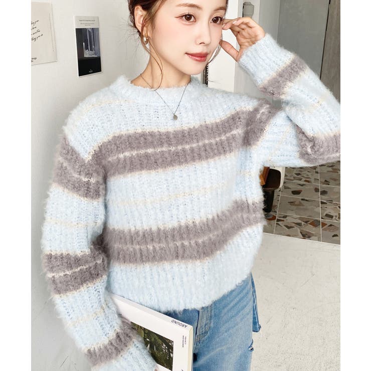 サックスブルー | ループヤーンボーダーニットプルオーバー | moment+