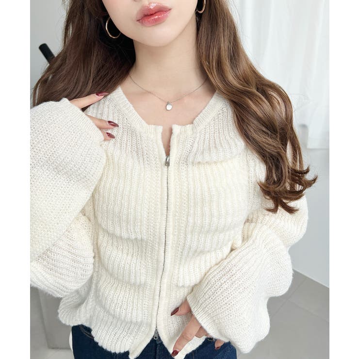 アイボリー | シャーリングジップニットカーディガン | moment+