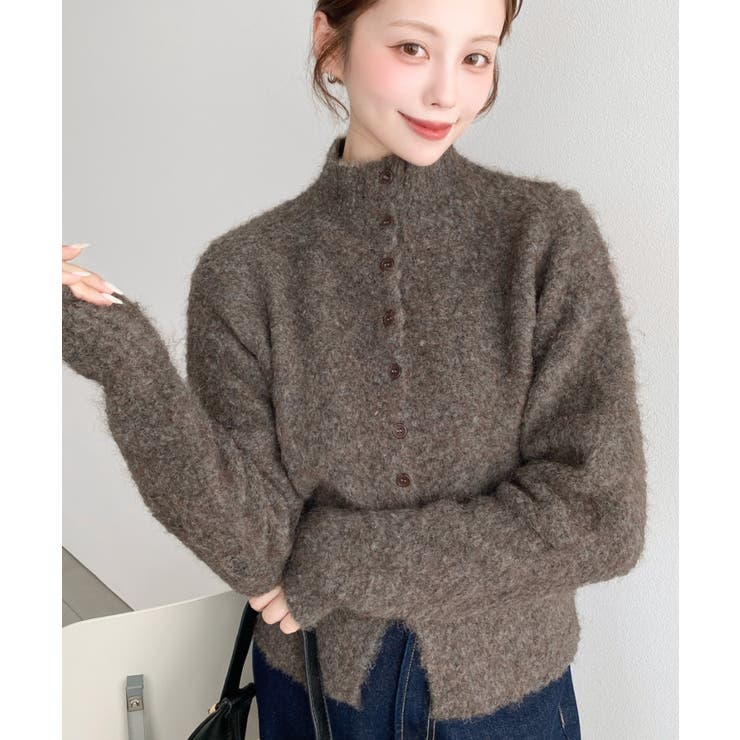 ＼ハイネックでかっこよく◎／ボタンデザインブークレシャギーニットカーディガン | moment+ | 詳細画像12 