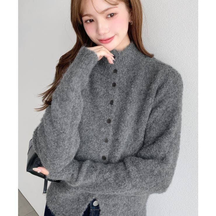 ＼ハイネックでかっこよく◎／ボタンデザインブークレシャギーニットカーディガン | moment+ | 詳細画像8 