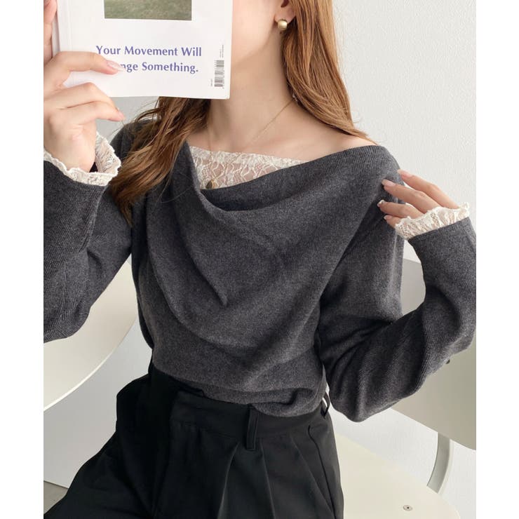 ＼ふとした仕草まで美しく／レースレイヤード風ドレープニットプルオーバー | moment+ | 詳細画像26 