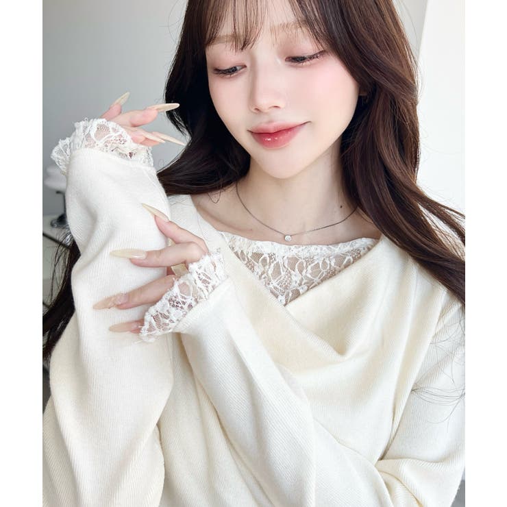 ＼ふとした仕草まで美しく／レースレイヤード風ドレープニットプルオーバー | moment+ | 詳細画像5 
