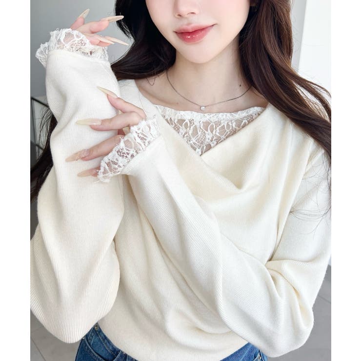 アイボリー | ＼ふとした仕草まで美しく／レースレイヤード風ドレープニットプルオーバー | moment+