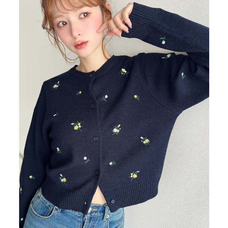 ロマンティックに／花柄刺繍ニットカーディガン[品番：ERMW0004515