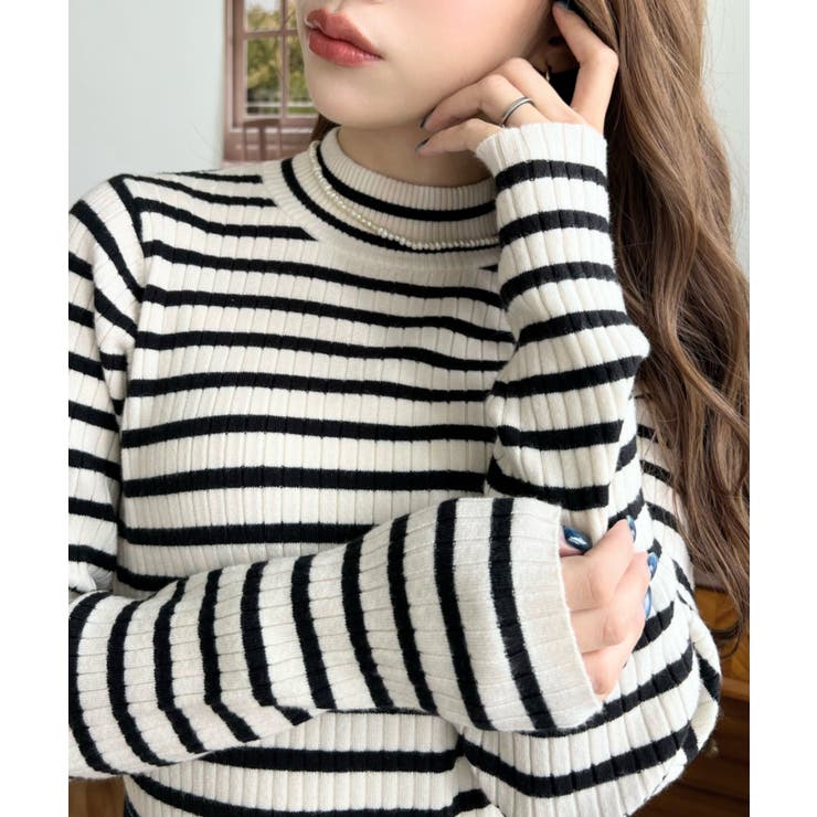 ボトルネックワイドリブカラー＆ボーダーニットプルオーバー12G[品番