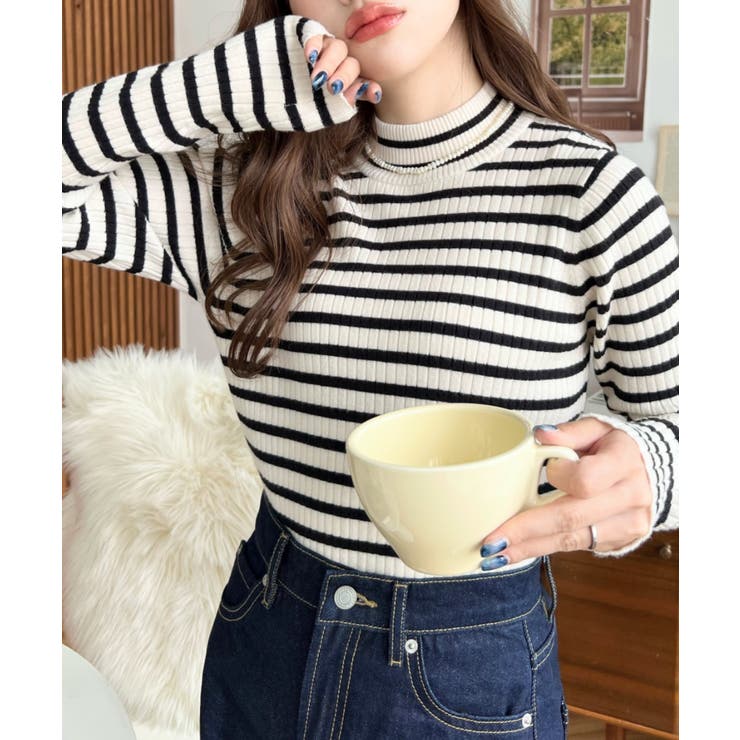 ボトルネックワイドリブカラー＆ボーダーニットプルオーバー12G[品番