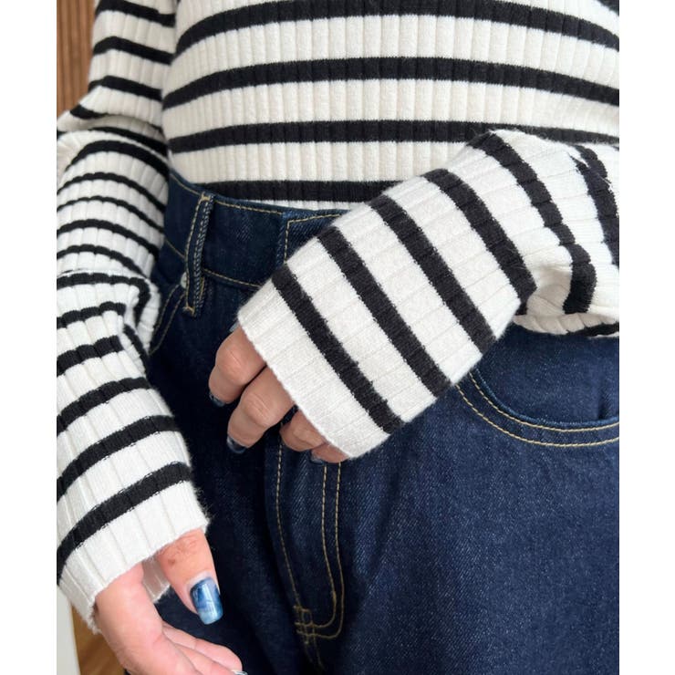 ボトルネックワイドリブカラー＆ボーダーニットプルオーバー12G | moment+ | 詳細画像15 