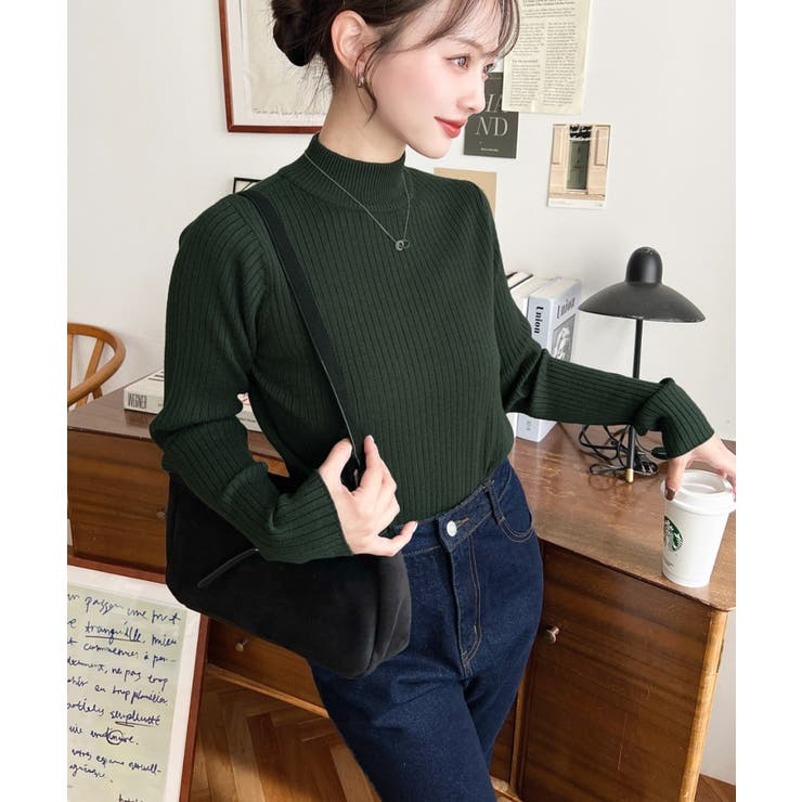 ボトルネックワイドリブカラー＆ボーダーニットプルオーバー12G[品番