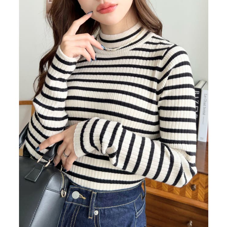 ボトルネックワイドリブカラー＆ボーダーニットプルオーバー12G[品番