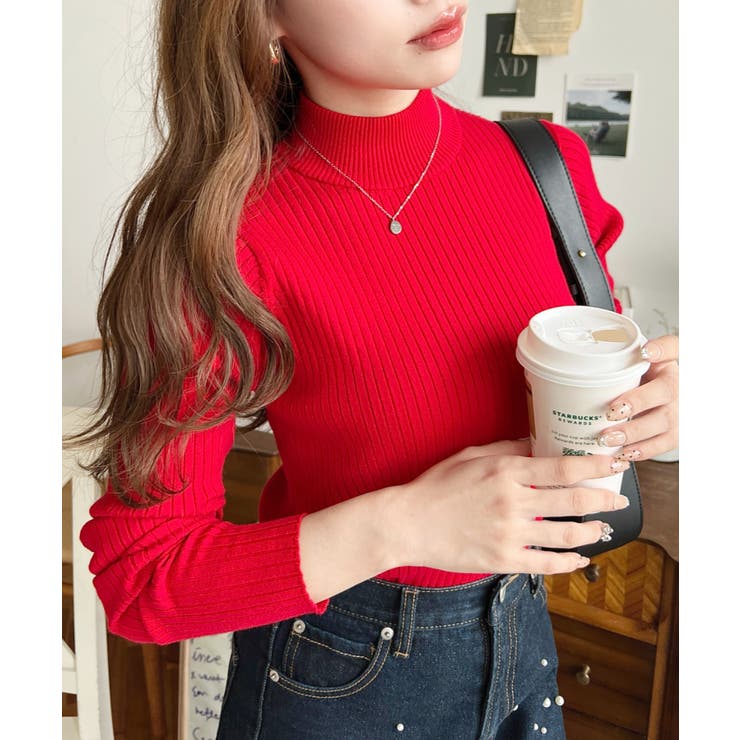 レッド | ボトルネックワイドリブカラー＆ボーダーニットプルオーバー12G | moment+