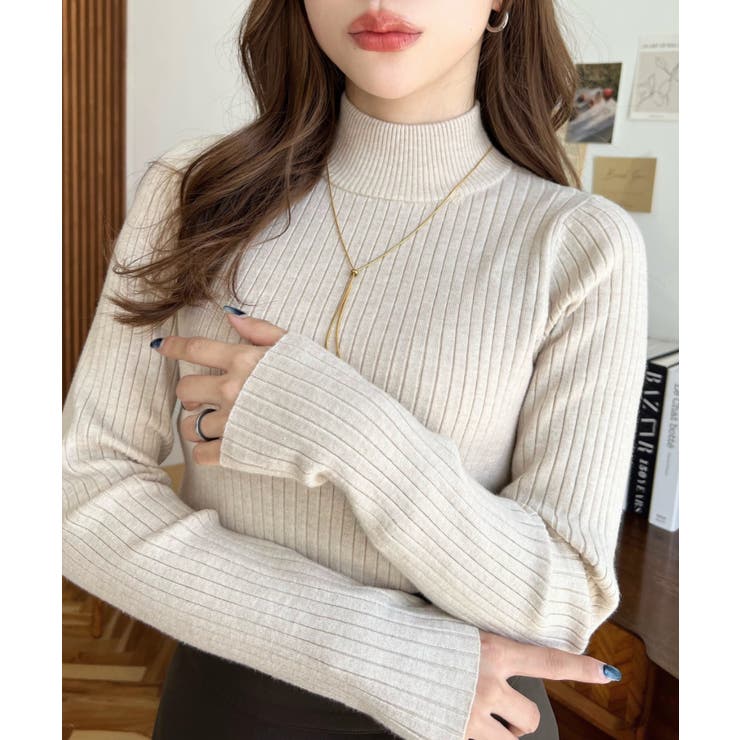 ナチュラル | ボトルネックワイドリブカラー＆ボーダーニットプルオーバー12G | moment+