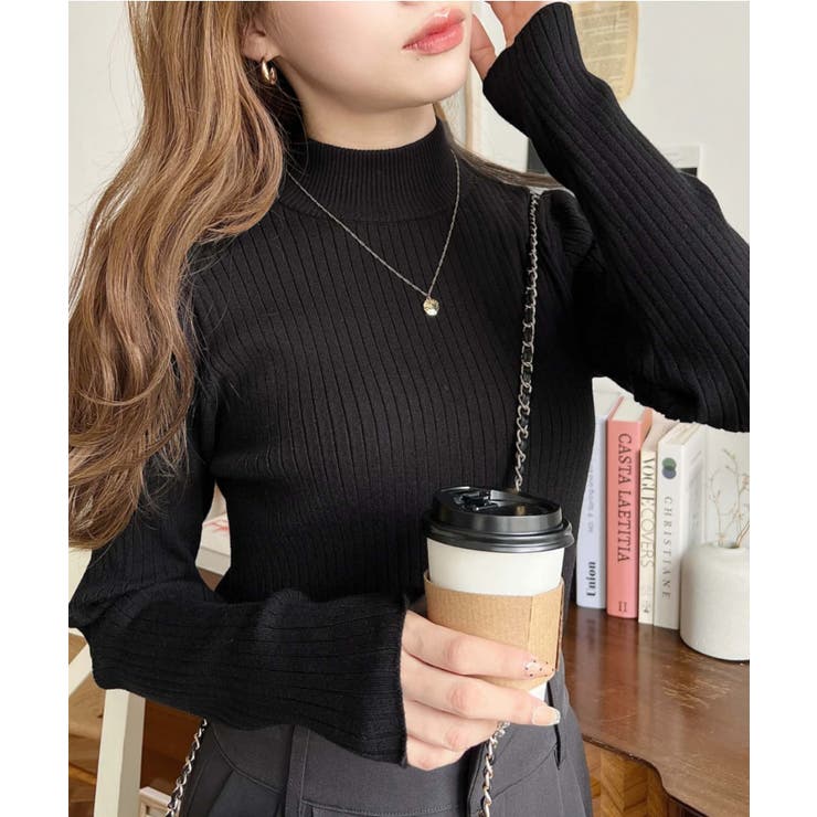 ブラック | ボトルネックワイドリブカラー＆ボーダーニットプルオーバー12G | moment+