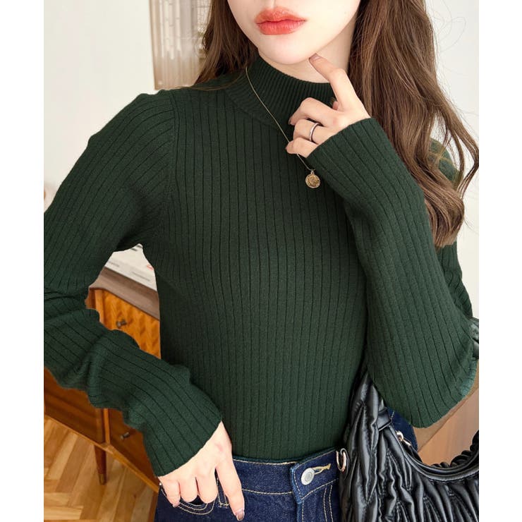 ダークグリーン | ボトルネックワイドリブカラー＆ボーダーニットプルオーバー12G | moment+