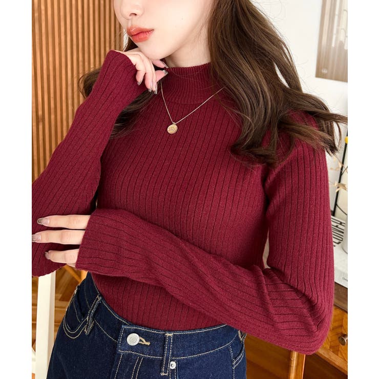 ボルドー | ボトルネックワイドリブカラー＆ボーダーニットプルオーバー12G | moment+