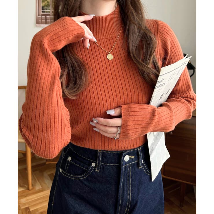 オレンジ | ボトルネックワイドリブカラー＆ボーダーニットプルオーバー12G | moment+