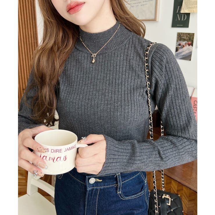 チャコールグレー | ボトルネックワイドリブカラー＆ボーダーニットプルオーバー12G | moment+