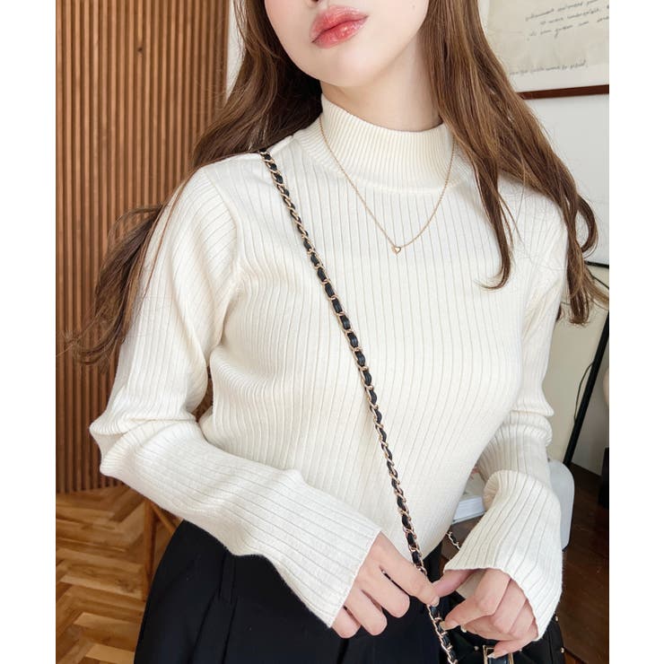 【着用2回】OBLI♡オブリ　ボーダーニットトップス　ホワイト ボトルネックワイドリブカラー＆ボーダーニットプルオーバー12G[品番