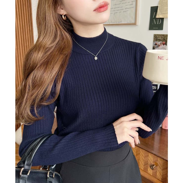 ネイビー | ボトルネックワイドリブカラー＆ボーダーニットプルオーバー12G | moment+