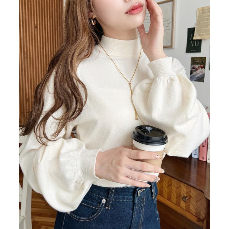 ボトルネックボリュームスリーブニットプルオーバー 12G | moment+ | 詳細画像2 