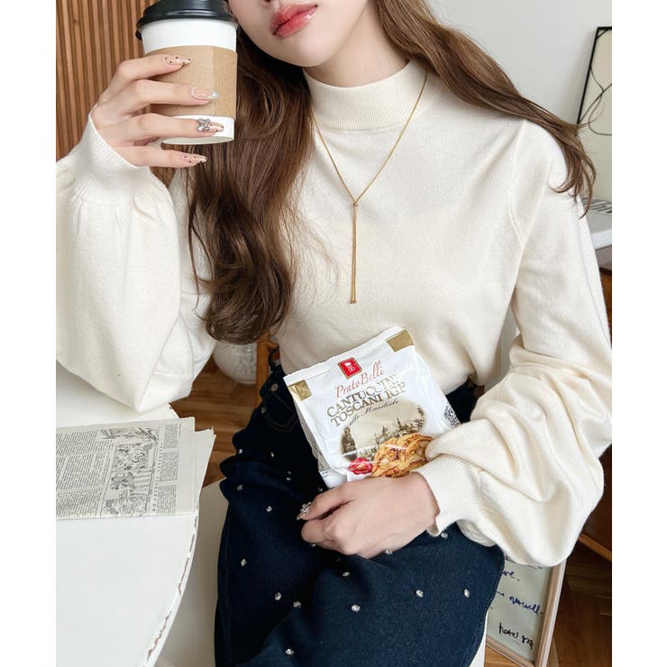 ボトルネックボリュームスリーブニットプルオーバー 12G | moment+ | 詳細画像4 