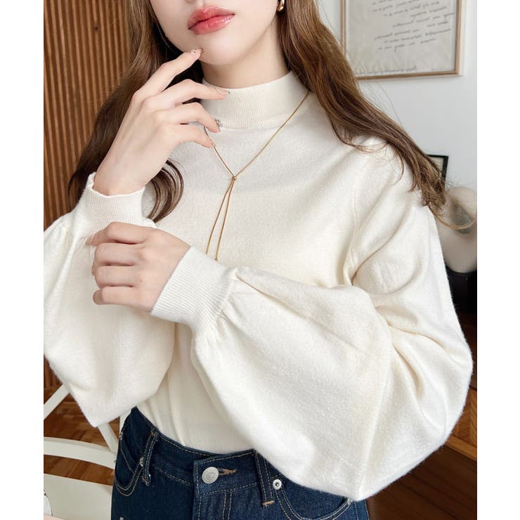 アイボリー | ボトルネックボリュームスリーブニットプルオーバー 12G | moment+