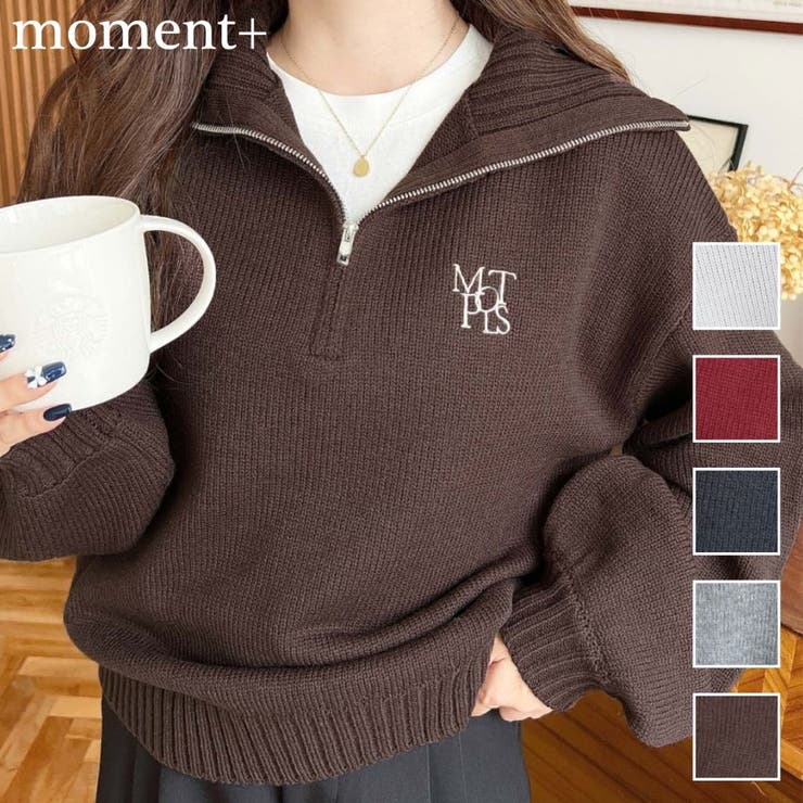 ハーフジップワンポイント刺繍入りニットプルオーバー | moment+ | 詳細画像1 