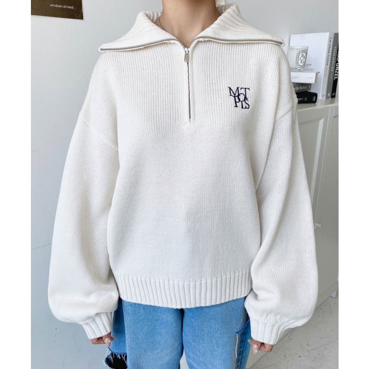 ハーフジップワンポイント刺繍入りニットプルオーバー | moment+ | 詳細画像18 