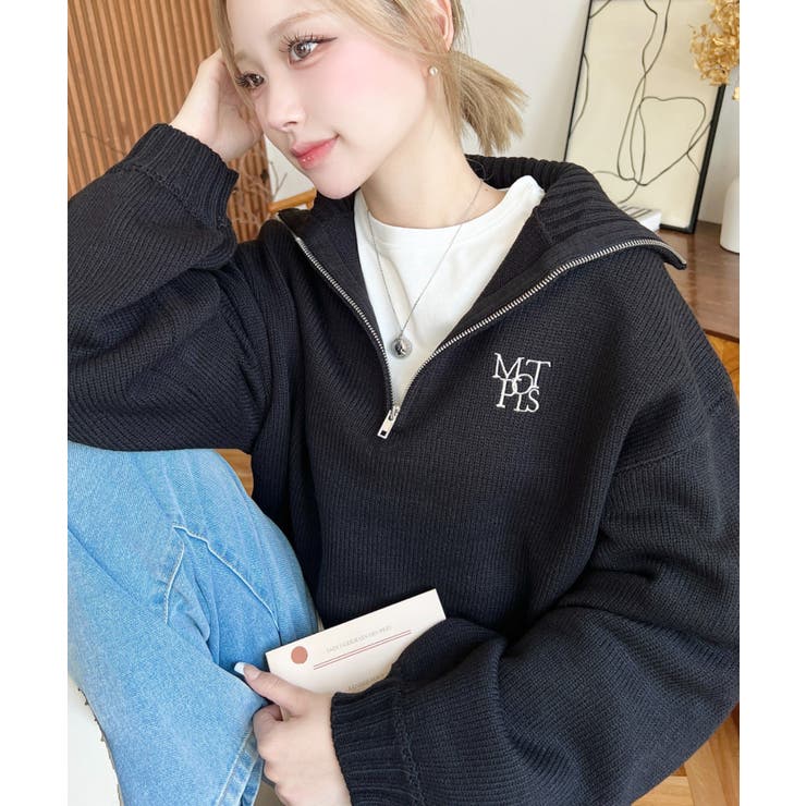 ハーフジップワンポイント刺繍入りニットプルオーバー | moment+ | 詳細画像31 