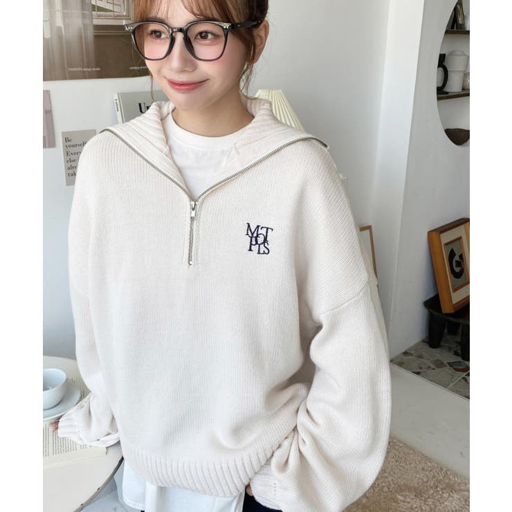 ハーフジップワンポイント刺繍入りニットプルオーバー | moment+ | 詳細画像4 