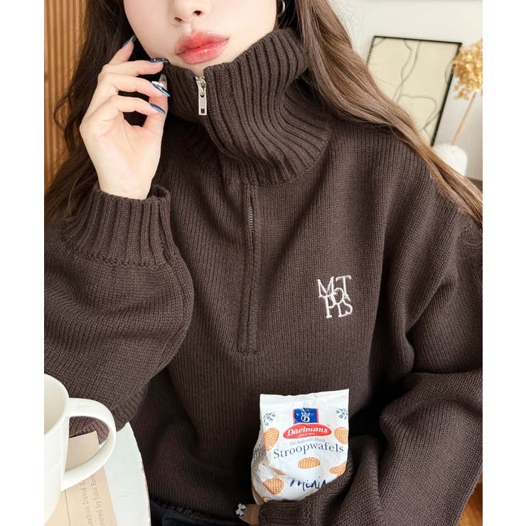 ハーフジップワンポイント刺繍入りニットプルオーバー | moment+ | 詳細画像58 