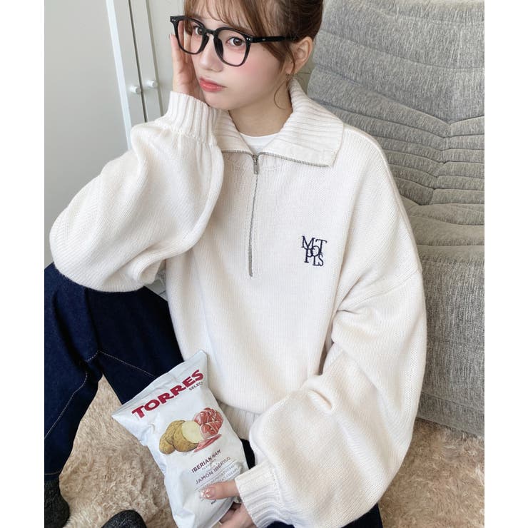 ハーフジップワンポイント刺繍入りニットプルオーバー | moment+ | 詳細画像6 