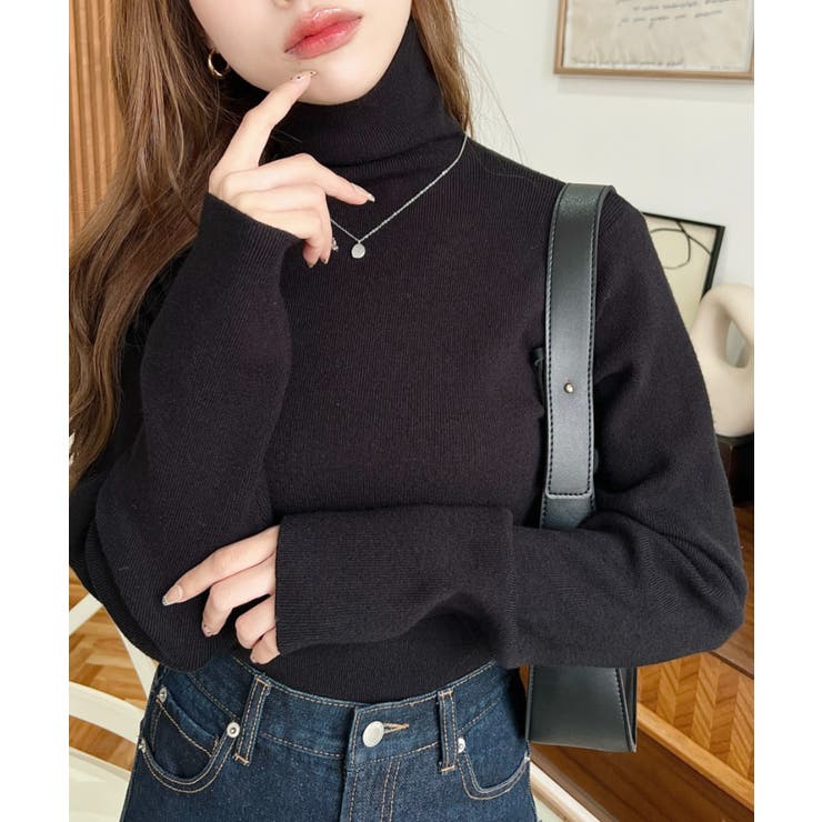 ブラック | インナーハイネックタートルリブニットプルオーバー 12G | moment+