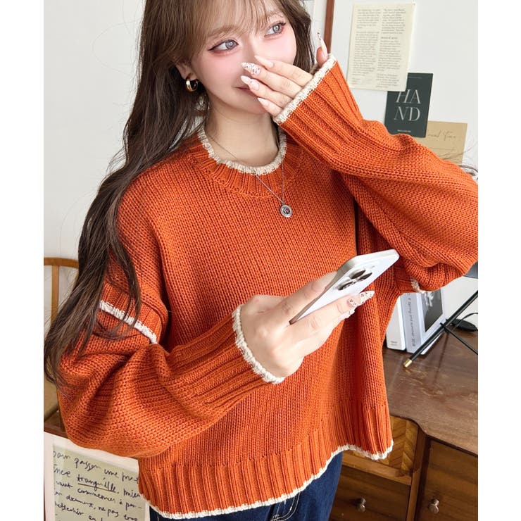 オレンジ | ピコ編み配色ニットプルオーバー3G | moment+