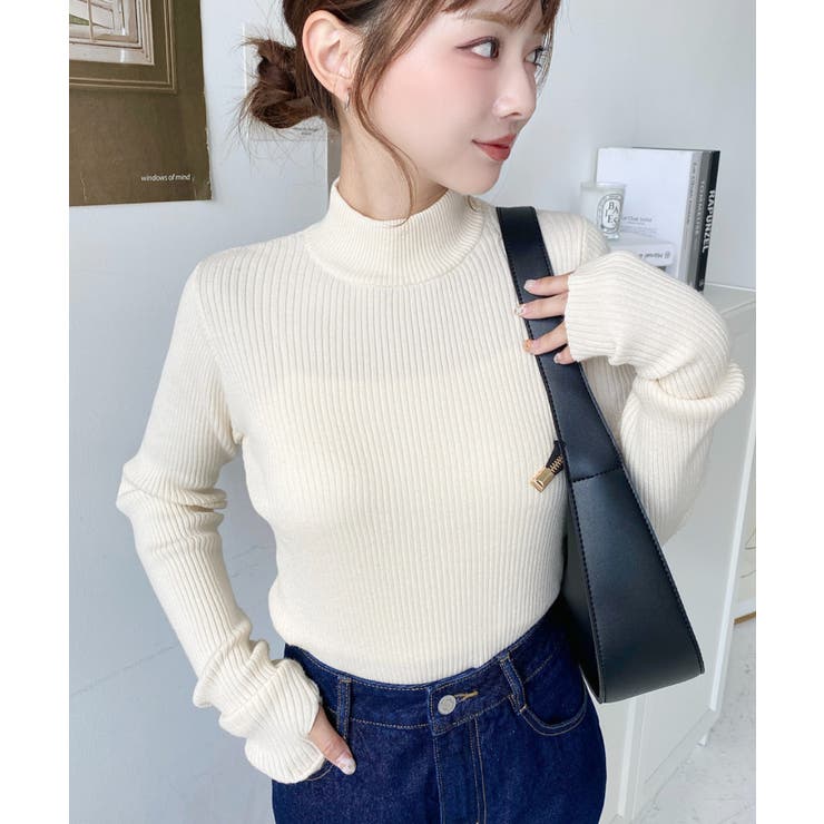 ボトルネック指ぬきリブニットプルオーバー 12G | moment+ | 詳細画像14 