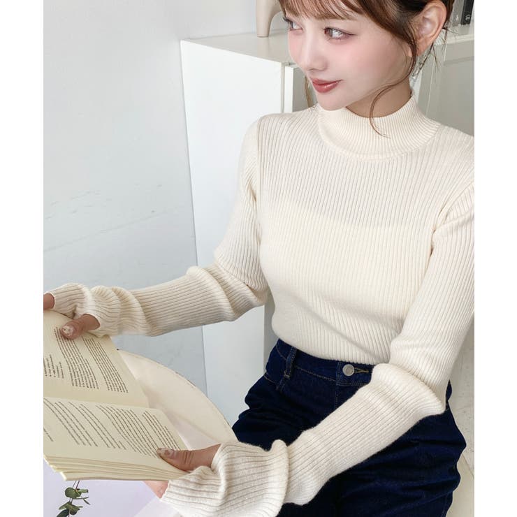 ボトルネック指ぬきリブニットプルオーバー 12G | moment+ | 詳細画像15 