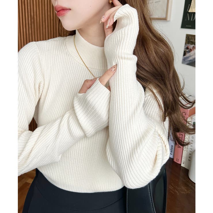 ボトルネック指ぬきリブニットプルオーバー 12G | moment+ | 詳細画像2 