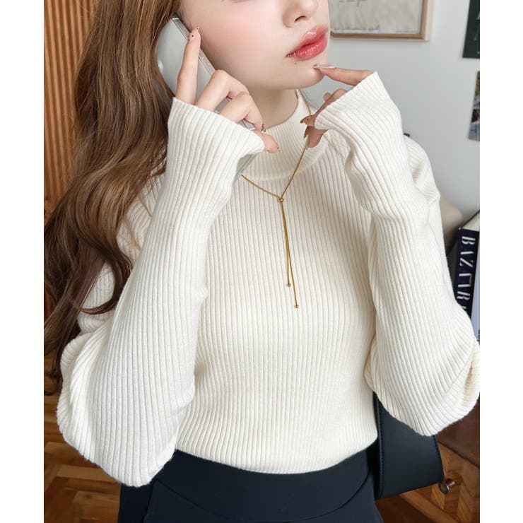 ボトルネック指ぬきリブニットプルオーバー 12G | moment+ | 詳細画像3 