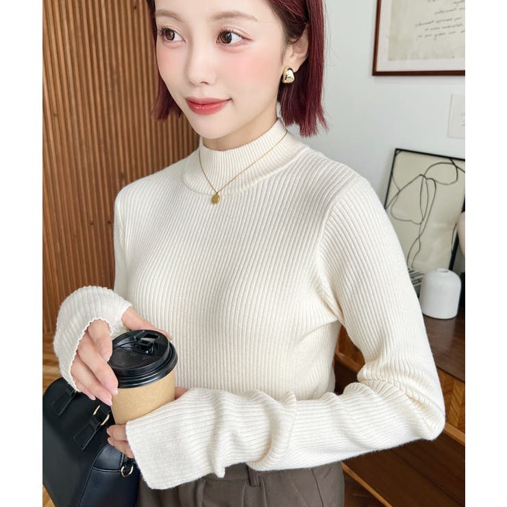 ボトルネック指ぬきリブニットプルオーバー 12G | moment+ | 詳細画像6 