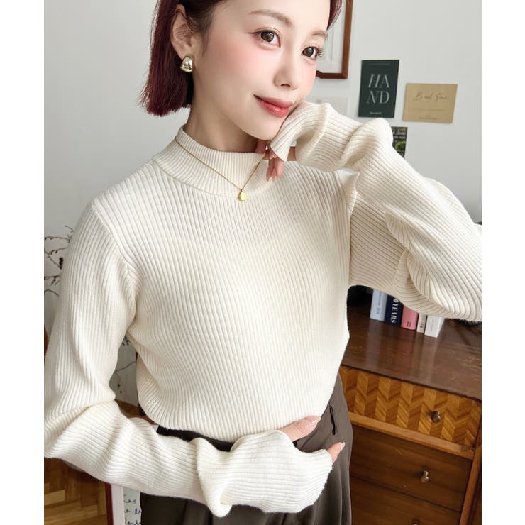 ボトルネック指ぬきリブニットプルオーバー 12G | moment+ | 詳細画像7 