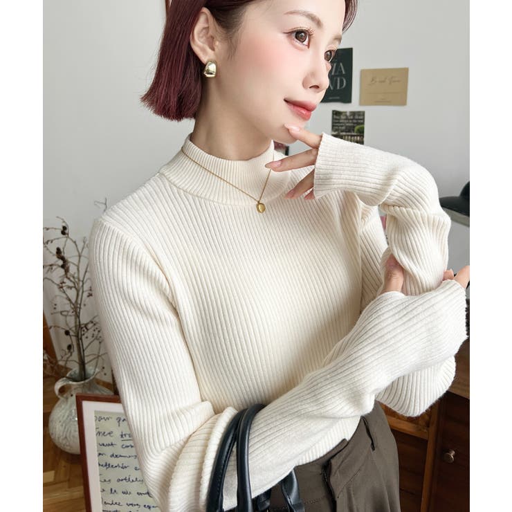 ボトルネック指ぬきリブニットプルオーバー 12G | moment+ | 詳細画像8 