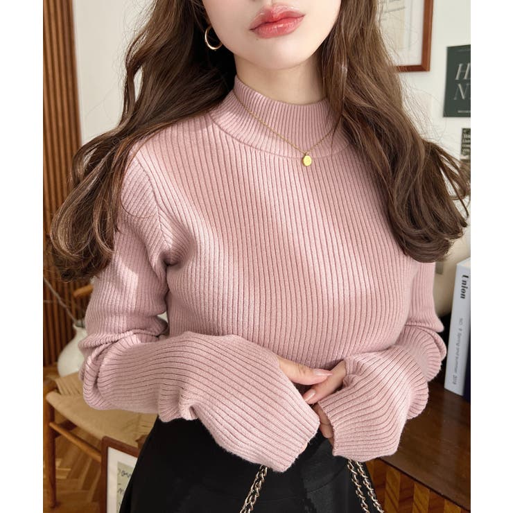 ピンクベージュ | ボトルネック指ぬきリブニットプルオーバー 12G | moment+