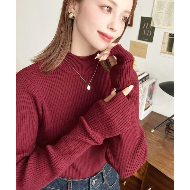 ボルドー | ボトルネック指ぬきリブニットプルオーバー 12G | moment+